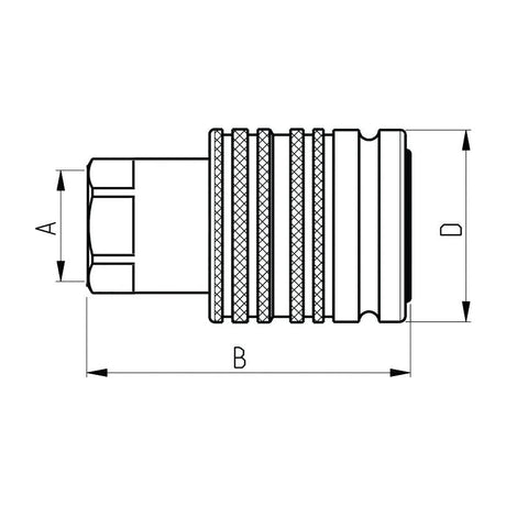 Technical drawing of the Sparex Hydraulic Quick Release Coupling Set (Double Bracket) Female 1/2'' Body x 1/2'' BSP Female Thread, Sparex Part No.S.4411, with dimensions labeled A, B, and D, featuring a hexagonal section, knurled grip, and flat base.