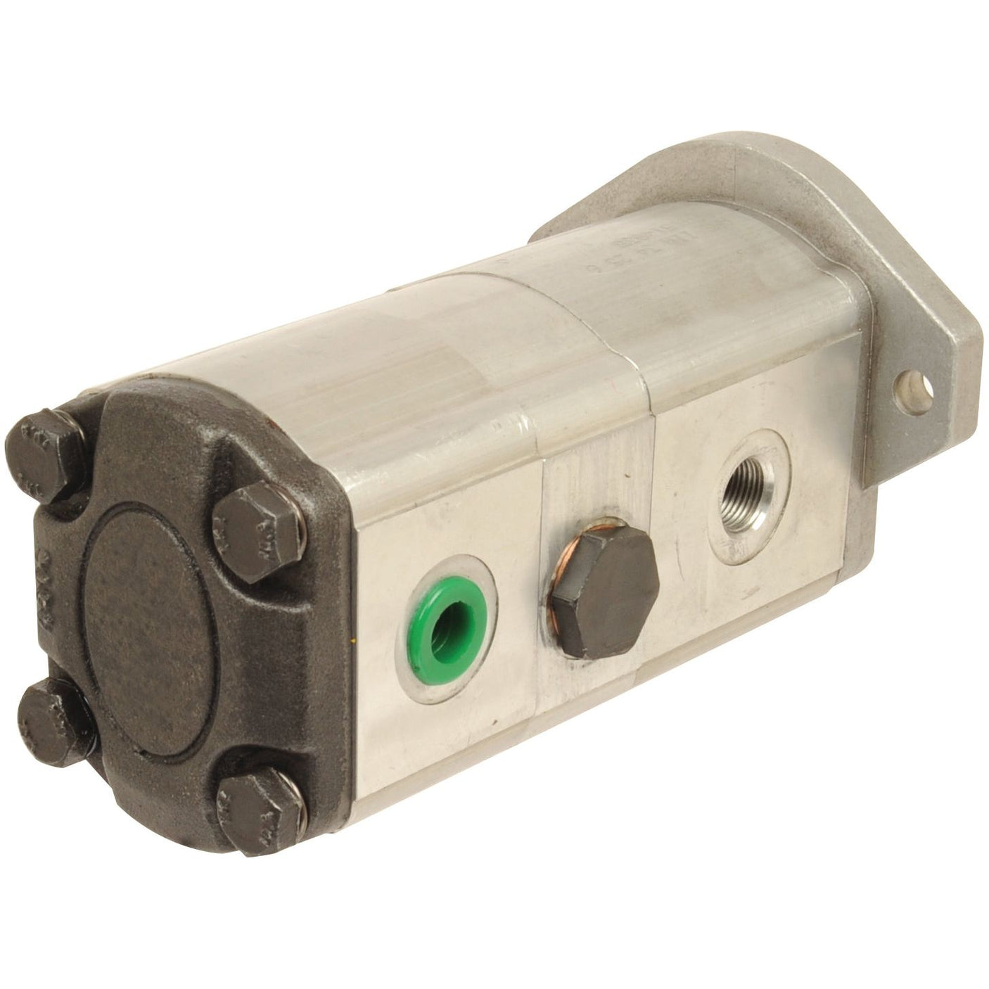 The Sparex Tandem Hydraulic Pump - S.44124 is a rectangular, metallic gear pump equipped with mounting holes, an inlet, and an outlet port. This model is designed for fluid control in mechanical systems and ensures precision and reliability as a tandem pump, optimizing functionality at maximum pump speed.