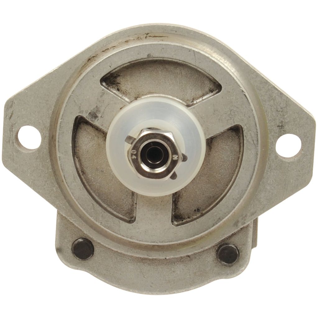 A close-up image of a metal mechanical component, possibly the Sparex Tandem Hydraulic Pump - S.44124, featuring two mounting holes on either side and a central cylindrical part.