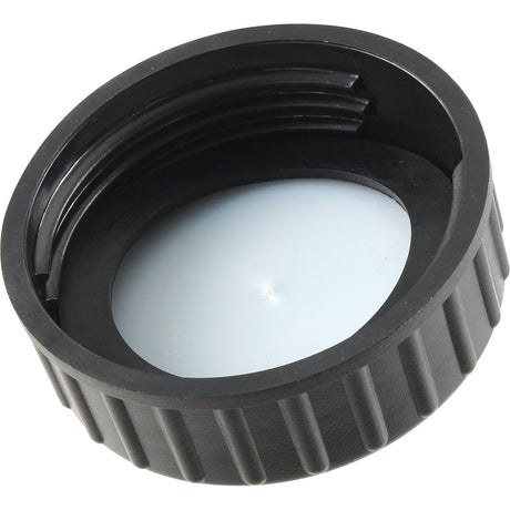 Close-up of a black, ribbed plastic threaded cap with internal threading, designed for use as a screw-on lid. The Sparex Fuel Cap - S.44132 is shown angled to display the inner structure.