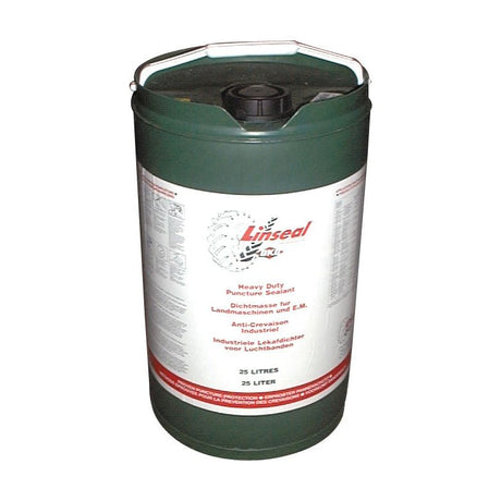 A 25-liter container of Sparex STOP Tyre Sealant (Sparex Part No. S.4413) with a green solution and a white label featuring multilingual text, designed to reduce punctures and enhance tyre protection.