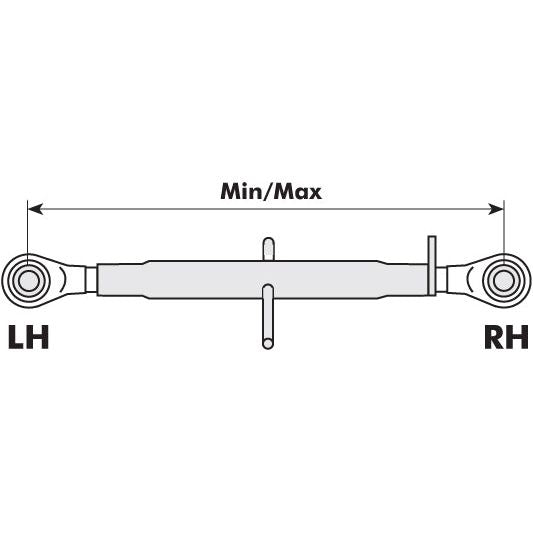 Diagram of the Top Link (Cat.0/0) Ball and Ball, 3/4'' by Sparex, featuring a Ball Locking Collar, with labeled left-hand (LH) and right-hand (RH) ends, marked minimum and maximum extension points. Ideal for use in Tractor End applications. Min. Length: 280mm - S.4418