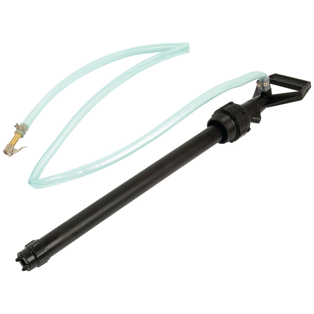 A Sparex Application Pump (Fits S.4413) with a long black handle, attached to a clear flexible hose, is suitable for transferring liquids from a 25-litre drum.