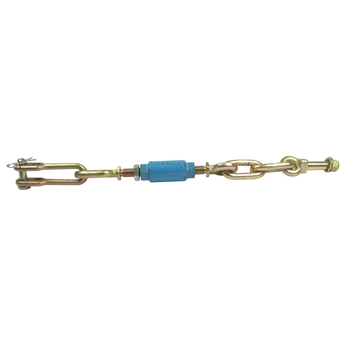 A Sparex Stabiliser Chain featuring a D-shackle with a 16mm diameter, compatible with Ford New Holland machinery. It includes a blue center and attached links on both ends, perfect for adjusting tension in cables, ropes, or other systems. This item is available in various thread sizes and has a minimum length of 511mm with 3/4 UNC threading (Sparex Part No.S.4456).