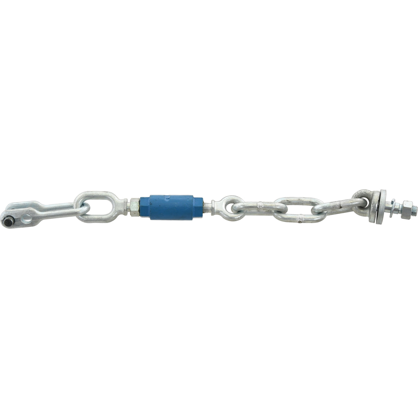 The Stabiliser Chain - D-Shackle Ø16mm with a Thread Ø19mm and minimum length of 594mm, featuring Sparex end fittings and a blue central body, is equipped with attached chain links. Sparex Part No.S.4457.