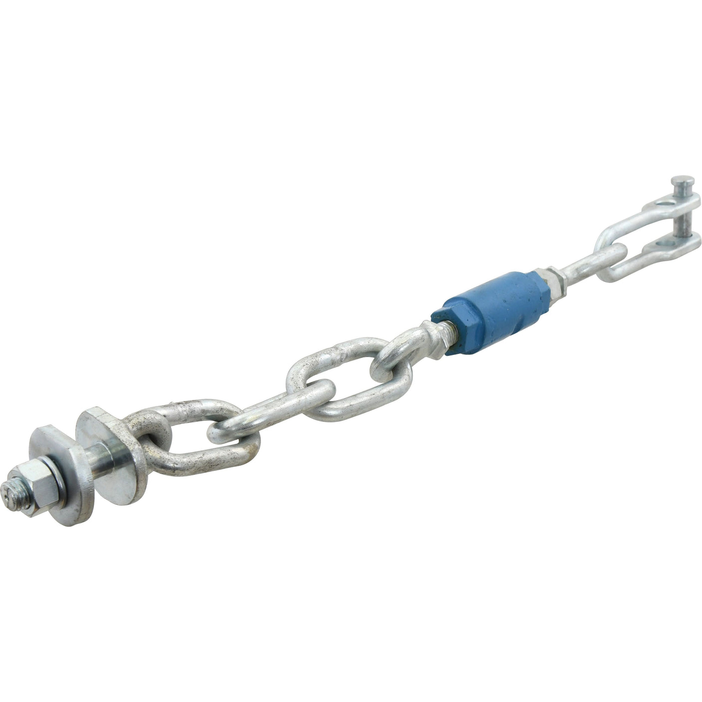 A Sparex Stabiliser Chain (Part No. S.4457) featuring a D-Shackle with a 16mm diameter, a 19mm threaded bolt and nut on one end, a link chain in the middle, and a blue-colored turnbuckle on the other end showcasing Sparex end fittings, set against a white background. The minimum length of the stabiliser chain is 594mm and it has a 3/4 UNC thread type.