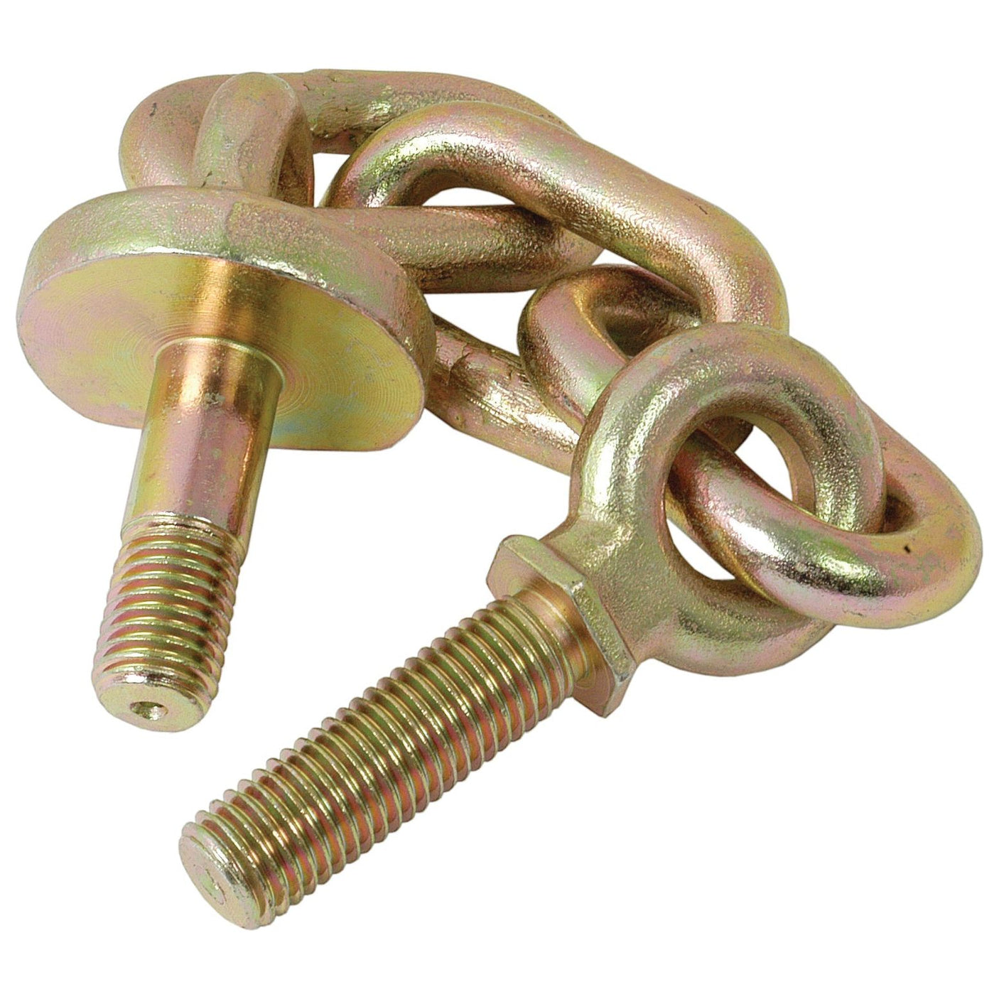 Close-up of two interlocked metallic chain links with bolts from the Sparex Check Chain (Part No. S.4460). The chain and bolts have a golden hue, and feature a Pin Ø19mm, appearing to be made of heavy-duty metal.