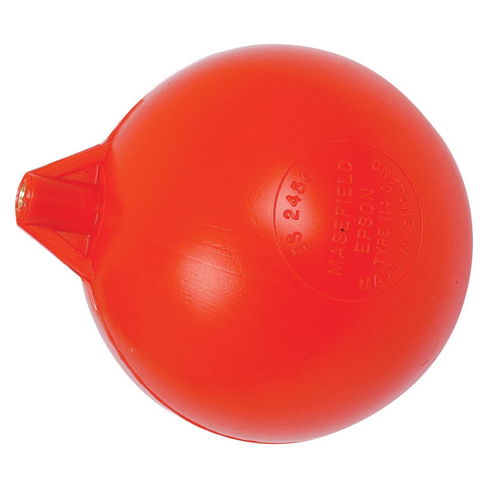 The Sparex Cistern Float (Part No. S.4464) features a 4 1/2'' diameter, a robust red plastic construction with a tapered nozzle and embossed text. It is equipped with a 5/16'' UNC thread for easy attachment and is ideal for use as a cistern float due to its practical and durable design.