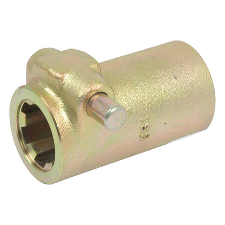 A close-up of the Sparex PTO QR Sleeve - Female spline 1 3/8'' - 6 with Quick Release Pin (Sparex Part No.S.4467), designed for connecting pipes. The metallic cylindrical fitting features a protruding quick release pin and has a shiny, gold-toned finish.