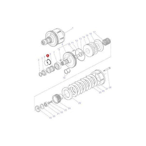 Exploded diagram of a mechanical assembly showing numbered components including gears, springs, and rings, with one part circled in red for emphasis. Ideal for understanding AGCO Massey Ferguson farming parts such as the O Ring (Product Number: 365801X1).