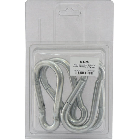 A plastic package from Agripak contains four silver snap hooks, labeled "Snap Hook, Hook Ø10mm x 100mm | Sparex Part No.S.4475." The hooks are neatly arranged side by side in the package.