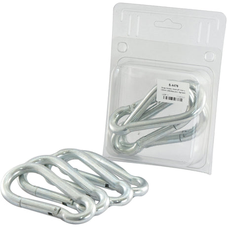 Four metal carabiner clips, with three lying in the front and one in a clear plastic package against a white background. Perfect for various uses, each carabiner features a robust design. The item in the packaging is branded as Sparex Snap Hook Ø11mm x 120mm (Part No. S.4476) for secure attachment.