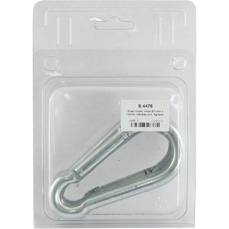 A carabiner in plastic packaging labeled "Snap Hook, Ø11mm x 120mm | Sparex Part No.S.4476" with a barcode and product details by Sparex.