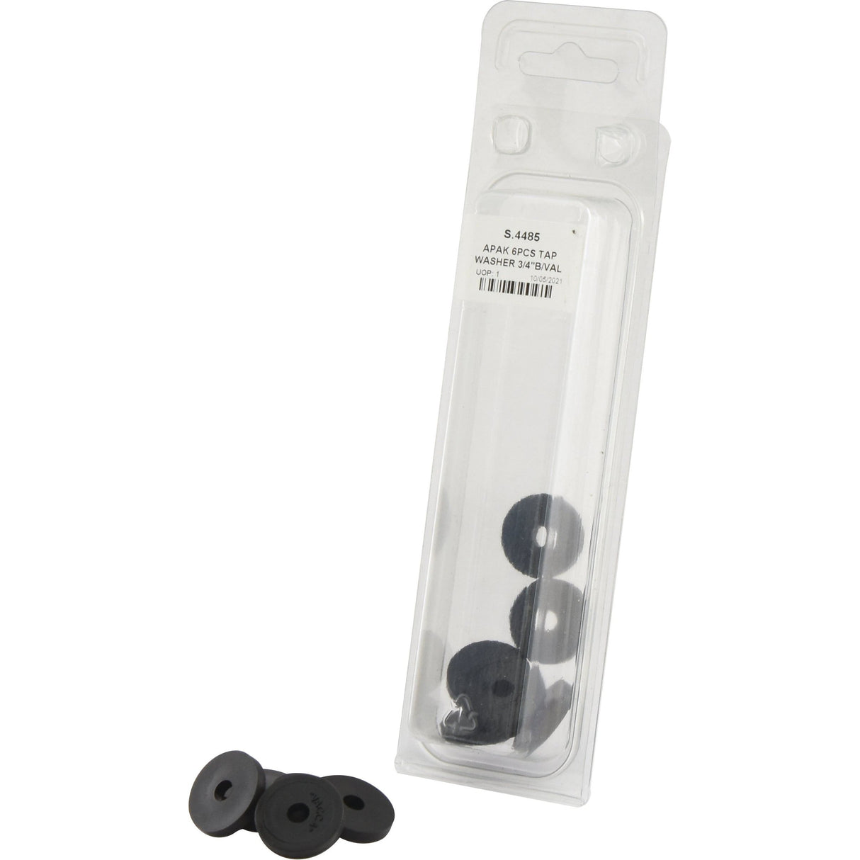 A package with six black rubber washers, including some inside a clear plastic container and one placed outside, is ideal for your Ball Valve Spares needs from Sparex or Agripak. This product is the APAK 6PCS TAP WASHER 3/4''B/VAL (Sparex Part No. S.4485).