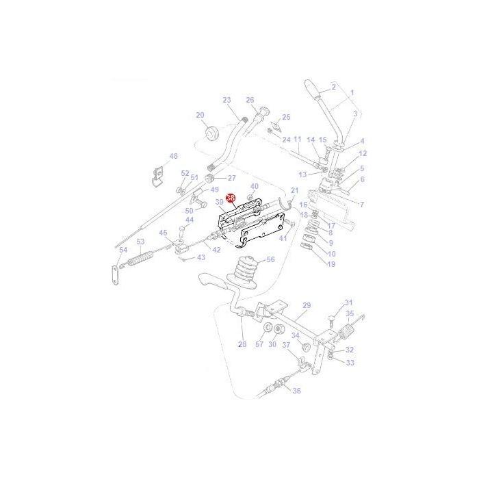 Technical diagram showing the exploded view of a mechanical assembly with numbered parts, specifically for Massey Ferguson 200 Series tractor components. The parts include levers, rods, and connectors. The component labeled as part number 39, which is the Massey Ferguson Housing (1696854M2) by AGCO, is prominently highlighted in red.