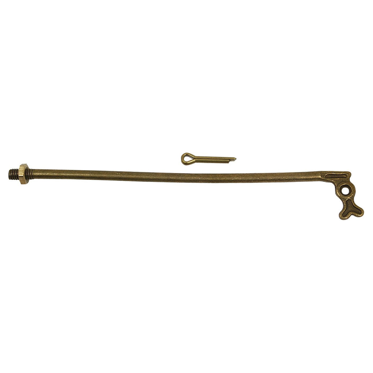 A brass mechanical component with a threaded end, a thin rod, and a small keyhole-shaped attachment can be found in the Ball Valve Lever Arm 240mm (Agripak 1 pc.) - S.4487 by Sparex, along with an additional Sparex cotter pin.