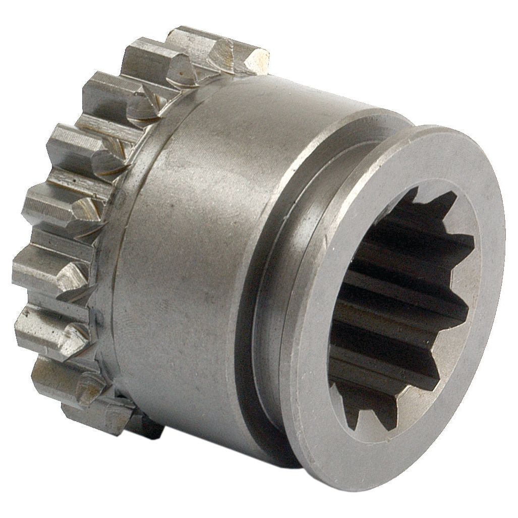 A close-up image of a Coupling Gear | Sparex Part No. S.44980 with teeth around its circumference and a central hollow section featuring a spline design, ideal for coupling-gear transmission in tractor machinery.