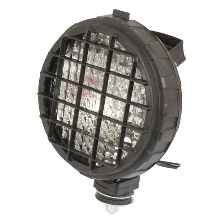 The Sparex Work Light (Halogen), Round, RH & LH, 12V - S.4502 is a round black outdoor spotlight featuring a protective grid cover and a clear lens. Designed for rugged use, this IP65-rated worklight ensures durability in harsh conditions.