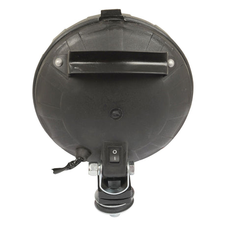 Front view of the Sparex Work Light (Halogen), Round, RH & LH, 12V - S.4502 in black, featuring a handle, power switch, and mounting bracket. This IP65-rated work light ensures durability and reliability.