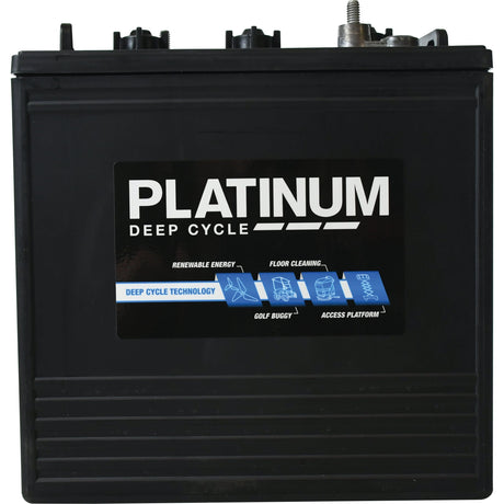 Image of a black Sparex Battery PLA-T125, a Platinum Deep Cycle 6V battery with a 240 AH Capacity @20HR, featuring illustrations indicating its use for renewable energy, floor cleaning, golf buggies, and access platforms.