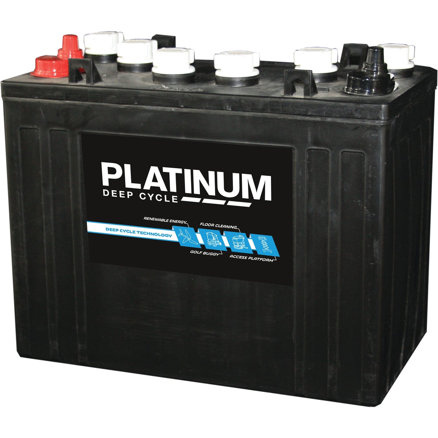 A black Sparex Battery PLA-T1275 labeled "Platinum" with top terminals, 12V and 145 AH capacity @20HR, suitable for renewable energy, floor cleaning, and other applications.