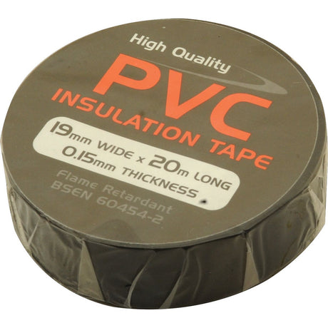 The Sparex black PVC insulation tape labeled "High Quality" measures 19mm wide by 20m long with a thickness of 0.15mm. Flame retardant and perfect for 12/24V systems, it complies with BSEN 60454-2 standards and is available as Insulation Tape, Width: 19mm x Length: 20m (Agripak 2 pcs.) - S.4550 under the Agripak brand.