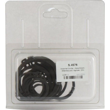 Pack of external circlips in a clear plastic container labeled with 26 pieces, adhering to DIN 471 standards, branded as Sparex with the part number S.4576.