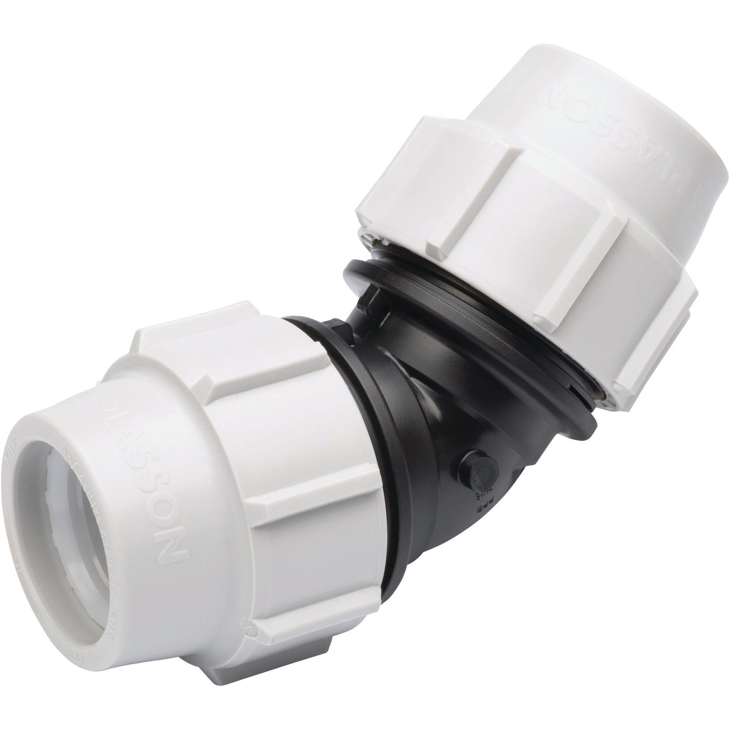 A Sparex 45° Elbow (Sparex Part No. S.151817), made of white plastic, with threaded ends and a black central section, designed for use with 32 mm pipes.