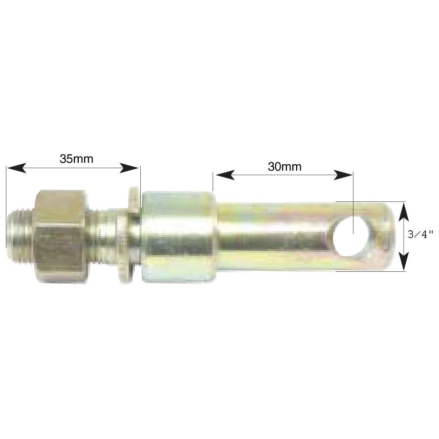 The Sparex Stabiliser Pin 19x103mm (Sparex Part No. S.460) features a 5/8'' x 25.4mm thread size, comes complete with a threaded end, nut, and washer. It measures 35mm on one side, 30mm on the other, and has a hole with a 3/4" diameter at the end. The pin itself has an overall diameter of Ø19mm.