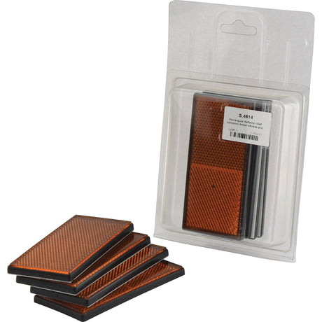 Pack of rectangular reflectors labeled "Rectangular Reflector (Self Adhesive) Amber 4 pcs. Agripak | Sparex Part No.S.4614" by Sparex, showcasing four individual amber-colored pads with a textured surface outside the packaging.