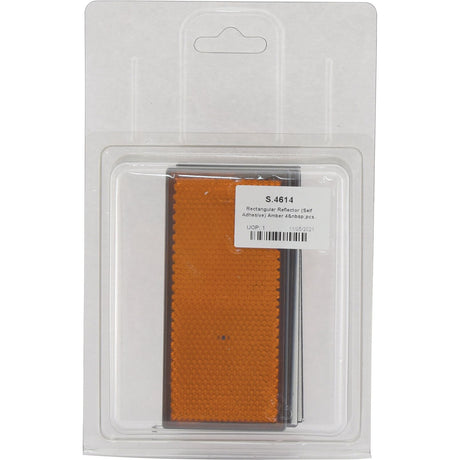 A clear plastic clamshell package from Sparex contains four orange rectangular self-adhesive reflectors with a label reading "Rectangular Reflector (Self Adhesive) Amber 4 pcs. Agripak | Sparex Part No.S.4614.