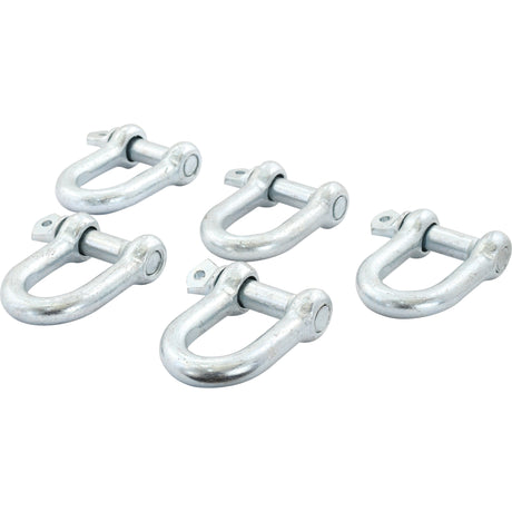 Five Sparex Screw Type D Shackles, Pin Ø19mm x 37mm Jaw Width (Sparex Part No.S.4664), made of robust mild steel, are arranged in a diagonal line on a white background.