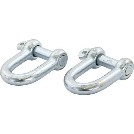 Two Screw Type D Shackles by Sparex, with a pin diameter of 25.4mm and a jaw width of 50mm, are placed side by side. Made of galvanised mild steel, these silver-colored shackles feature a U-shaped body with a threaded pin or bolt closure. Perfect for heavy-duty applications, these Shackles ensure durability and strength under load.