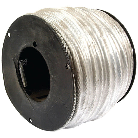 Large spool of Sparex Wire Rope With Nylon Core - Steel, Ø6mm x 110M (Sparex Part No.S.4673) on a black plastic reel.