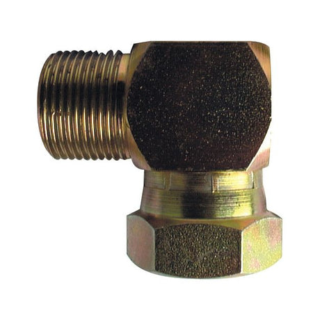 The Sparex Hydraulic Adaptor 3/8'' BSP Male x 3/8'' BSP Swivel Female 90° Compact Elbow, also known as Sparex Part No. S.4694, is an L-shaped brass plumbing fitting with a threaded end on one side and a hexagonal nut on the other, perfect for use as a hydraulic adaptor.