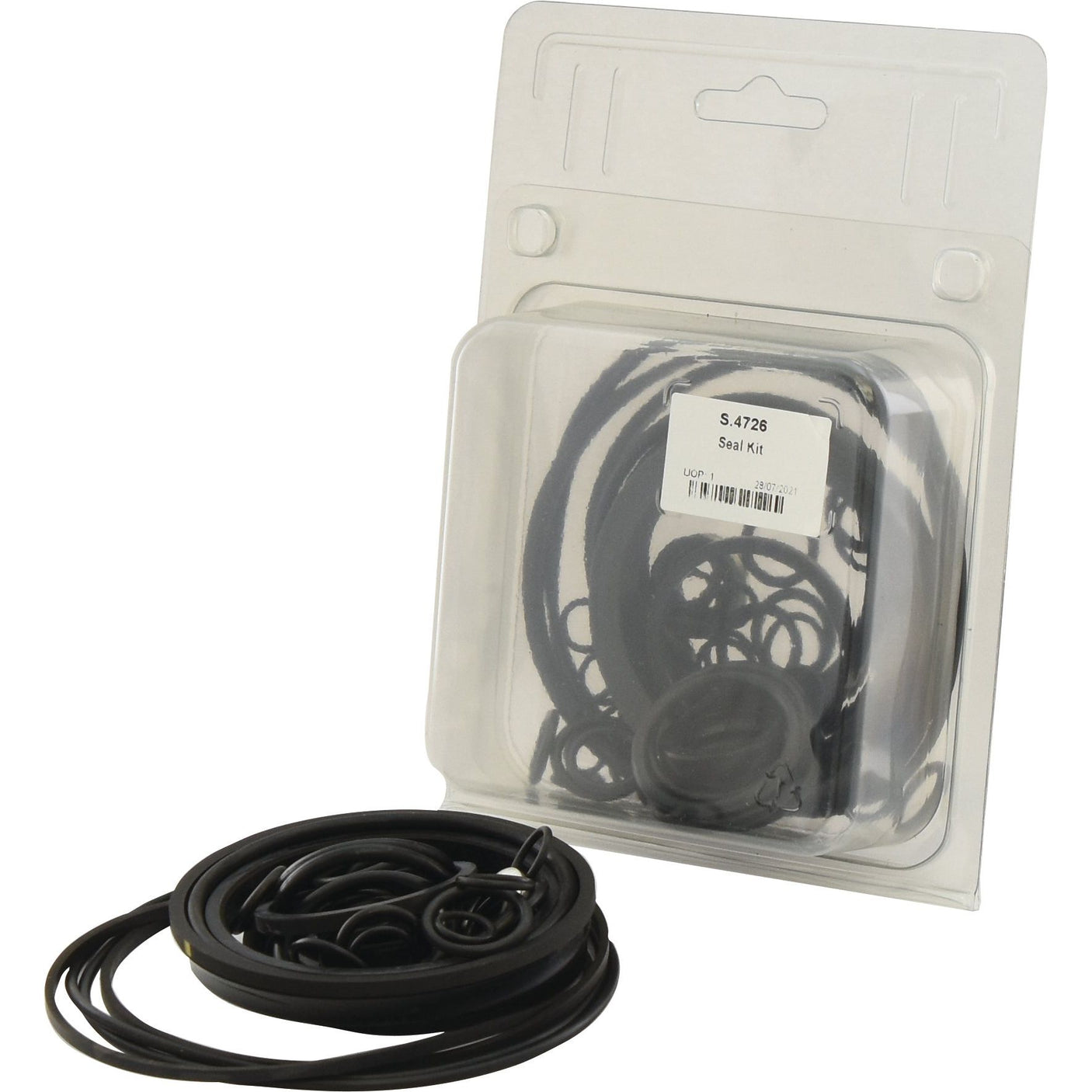 A sealed plastic package containing a variety of black rubber O-rings, some displayed in front, perfect for Ford / New Holland lift cover repairs, from the Sparex brand: Seal Kit (Lift Cover, Cylinder & Pump) | Sparex Part No. S.4726.