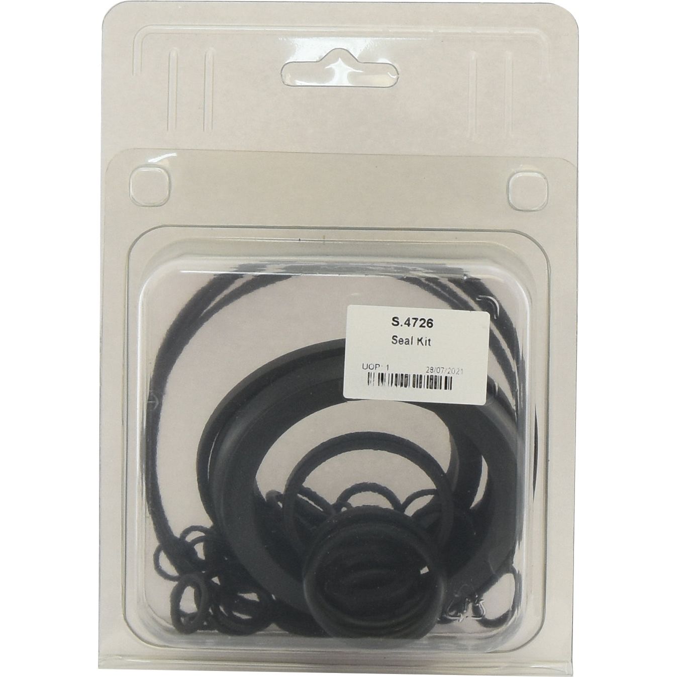 A packaged seal kit consisting of various-sized black rubber O-rings in a clear plastic container with a cardboard backing, designed for Ford / New Holland applications. The label reads "Sparex Seal Kit (Lift Cover, Cylinder & Pump), Part No. S.4726.