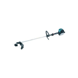 The Makita - 4 Stroke 25CC Strimmer - EM2651LH is a gas-powered string trimmer featuring a long metal shaft, a blue 4-stroke engine on one end, and a cutting head with a guard on the other. This compact and lightweight tool also includes an ergonomically designed handle for comfortable use.