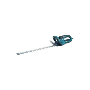 The Makita UH7580/2 electric hedge trimmer, available in blue and black, is equipped with a 75cm serrated double-sided blade and features an ergonomically designed handle along with an electric brake for enhanced safety.