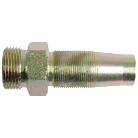 Close-up of a metallic threaded coupling with a hexagonal middle section, designed to connect two tubes or hoses. This Sparex Hydraulic 2-Piece Re-usable Coupling Insert (1'' x 1'' BSP male), Sparex Part No.S.4749, is perfect for re-usable hose applications.