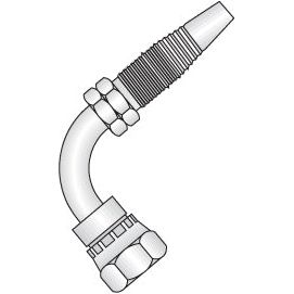 Illustration of the Sparex Hydraulic 2-Piece Re-usable Coupling insert with a curved design, 1/4'' BSP threaded connections, hexagonal nuts on either end, and featuring a 90° female insert (Sparex Part No. S.4756).