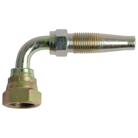 The Sparex Hydraulic 2-Piece Re-usable Coupling insert, part number S.4758, is a metallic fitting with a 90-degree swept bend that features a threaded hexagonal section and a conical end, designed for use with a 1/2'' I/D hose.