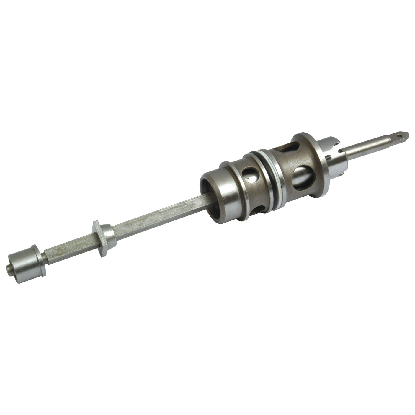 The Sparex Hydraulic Control Valve (Sparex Part No. S.4785) is a metal cylindrical tool featuring various detailed segments, including a long rod and an intricate attachment on one end, making it ideal for use with a Massey Ferguson tractor or as part of an MKIII Pump control valve system.