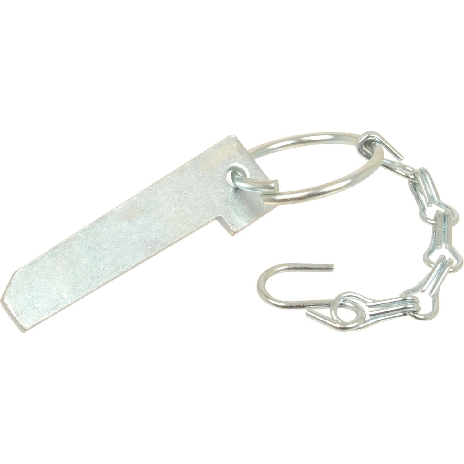 The "Flat Cotter Pin with Chain (Agripak 2 pcs.)" by Sparex (Part No.S.4786) features a flat rectangular tag attached to a circular keyring and a short length of flat chain equipped with a convenient hook.