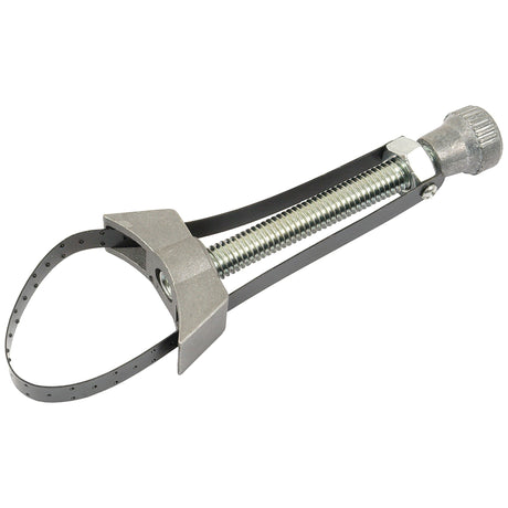 The Sparex Oil Filter Wrench, model S.4794, features a durable metal construction with an adjustable band and a threaded handle specifically designed for tightening and loosening oil filters.