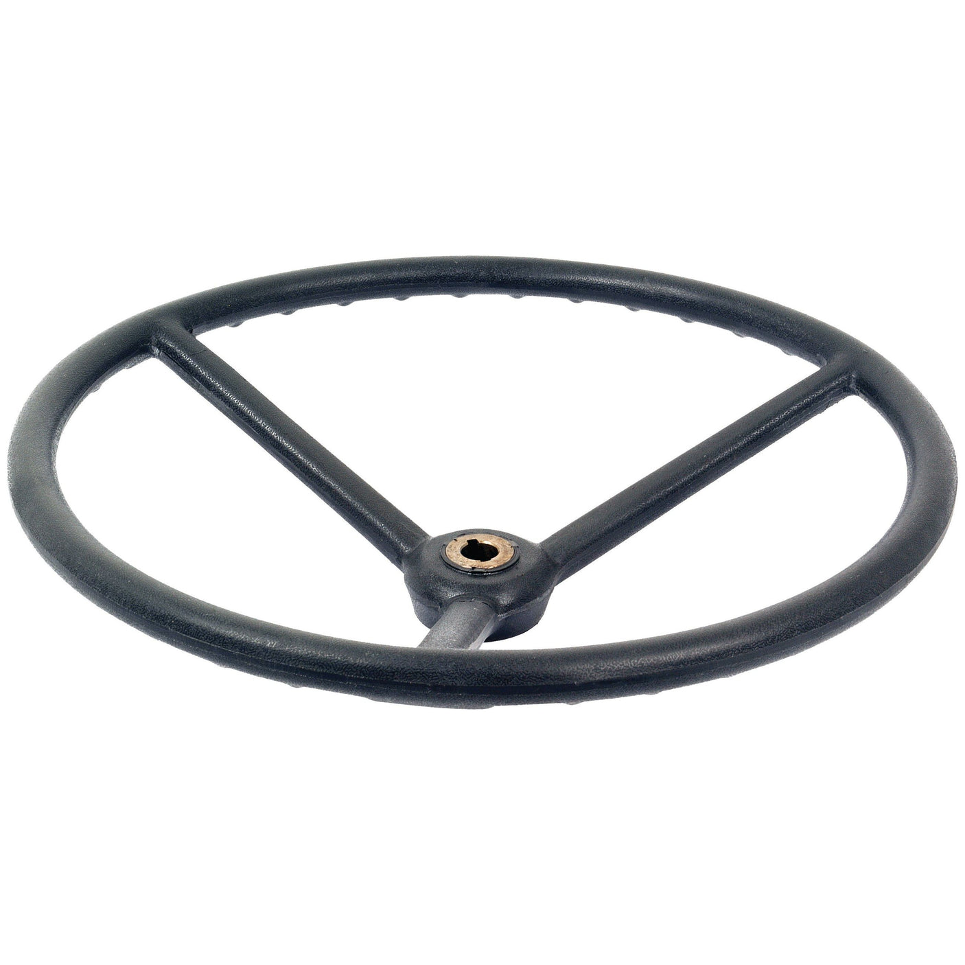 The Sparex Steering Wheel 460mm, Keyway (Sparex Part No. S.48022), is a metal Massey Ferguson steering wheel with three spokes and a central mounting hole featuring keyway splines, isolated on a white background.