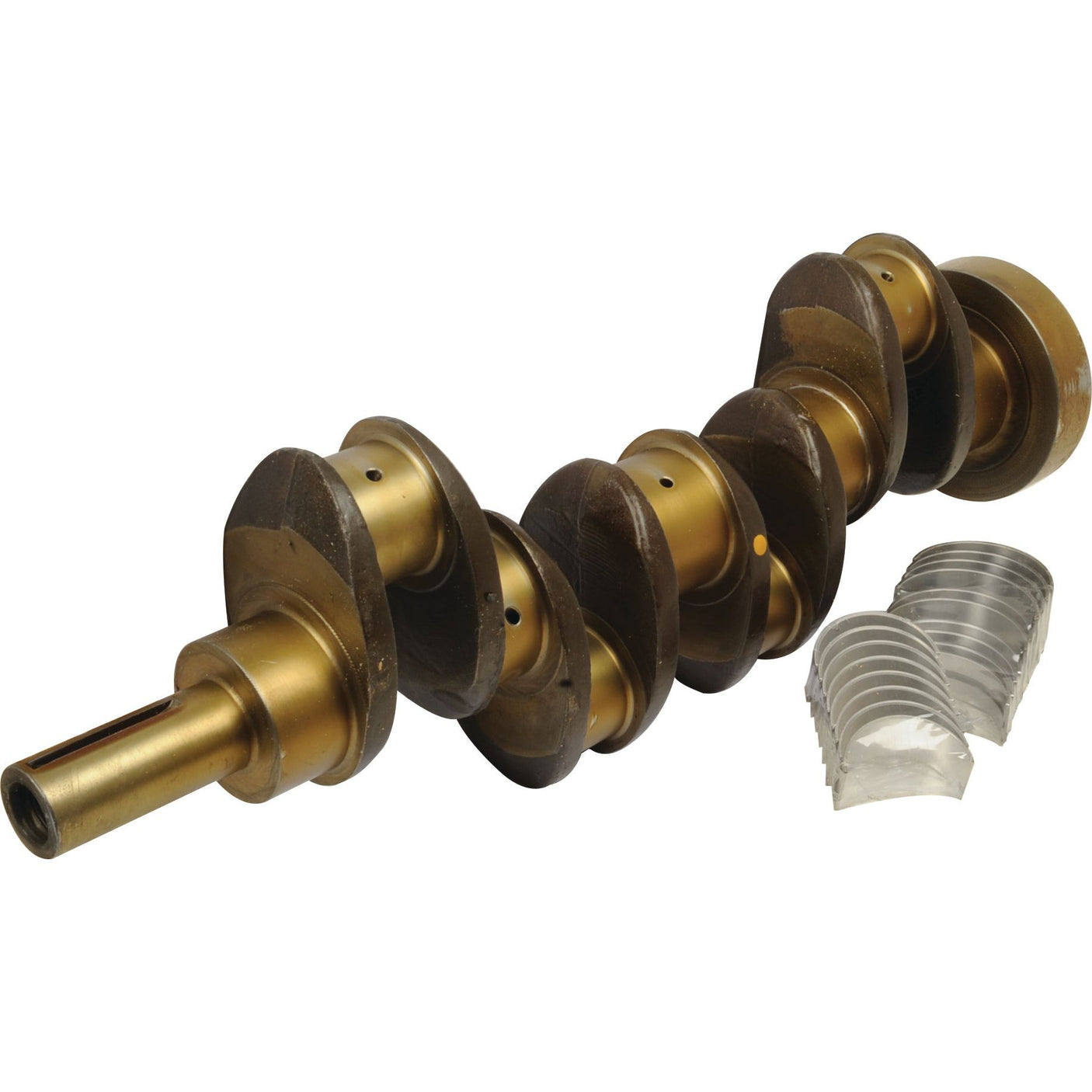 A brass-colored crankshaft with multiple journals and counterweights, along with several half-shell main bearings placed beside it as part of the Sparex Crankshaft Kit (4 Cyl.) 4.203 - S.48026.