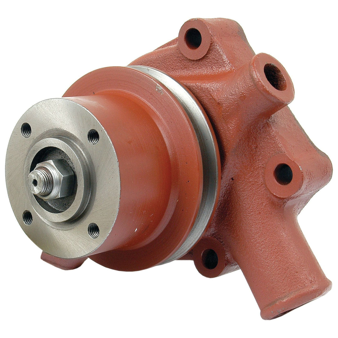 Close-up of a red Water Pump Assembly (Supplied with Pulley) - S.48029 by Sparex, featuring cylindrical and flange components with multiple bolts and holes for attachment, resembling elements commonly found in a Perkins Build List.