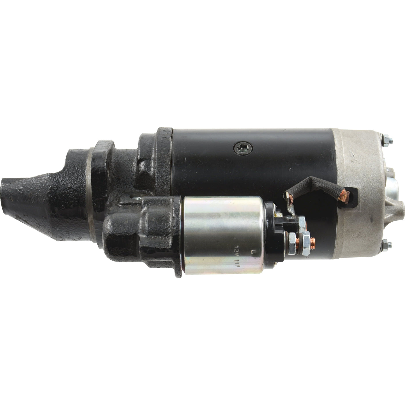 A close-up view of a black and silver Sparex Starter Motor - 12V, 3Kw (Sparex Part No.S.48064), reminiscent of John Deere machinery, against a white background.