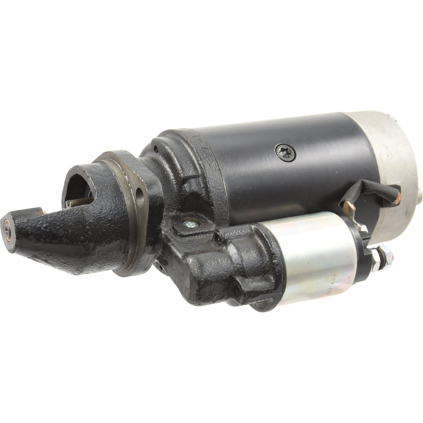 Introducing the Sparex Starter Motor - 12V, 3Kw (Sparex) with part number S.48064. This automotive starter motor features a metallic cylindrical body in black and silver, complete with electrical connections and mounting hardware. It is specifically designed to be compatible with John Deere equipment.